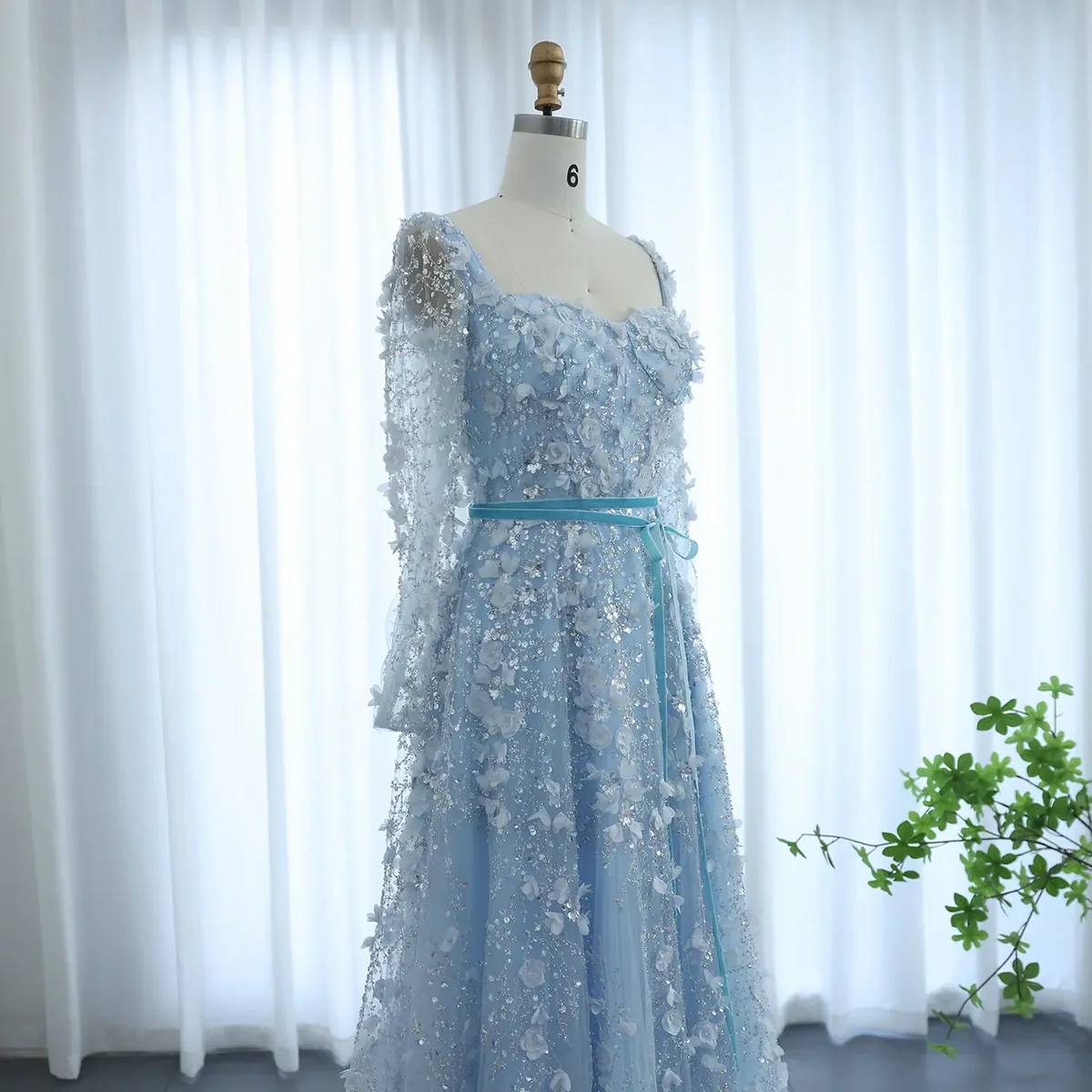 Second image of Powder Blue Enchantment A-Line Gown with 3D Floral Appliqués and Long Sleeves