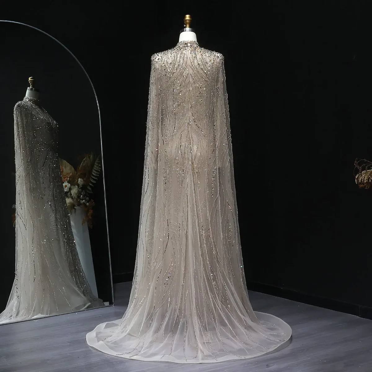 Second image of Champagne Celestial Beaded Gown with Integrated Floor-Length Cape