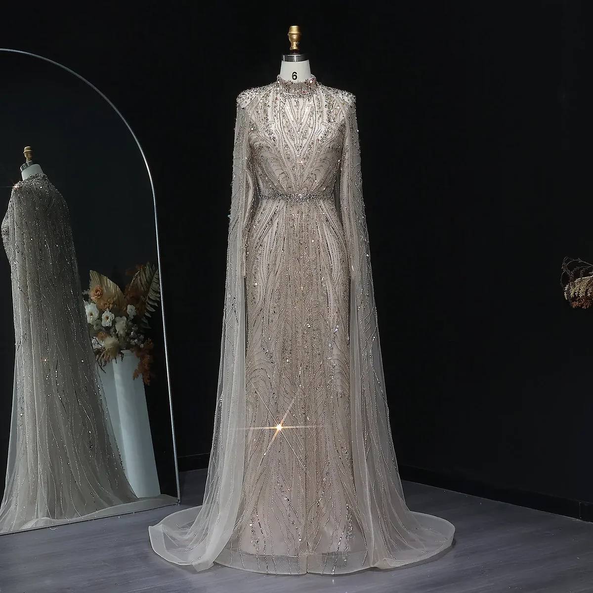 Champagne Celestial Beaded Gown with Integrated Floor-Length Cape