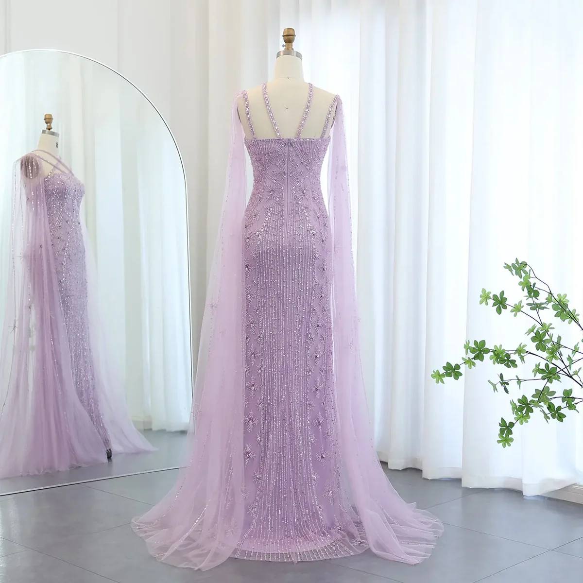 Second image of Lavender Lilac Crystal Column Gown with Criss-Cross Neckline and Draped Cape Sleeves