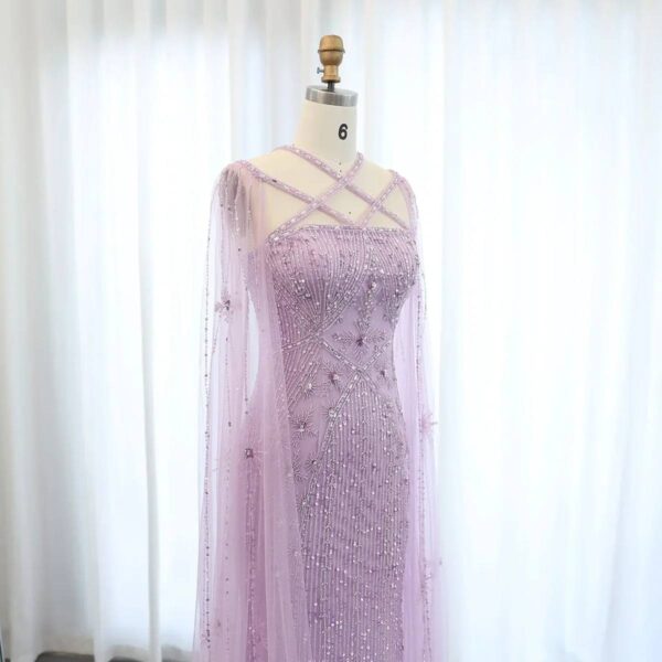 Lavender Lilac Crystal Column Gown with Criss-Cross Neckline and Draped Cape Sleeves