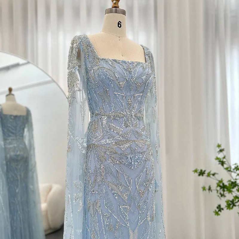 Second image of Powder Blue Celestial Column Gown with Square Neck and Integrated Cape