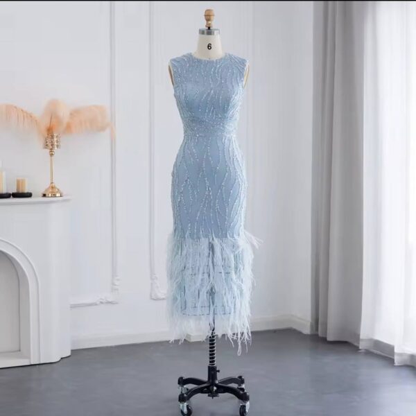 Ice Blue Crystal-Encrusted Midi Gown with Ostrich Feather Hem