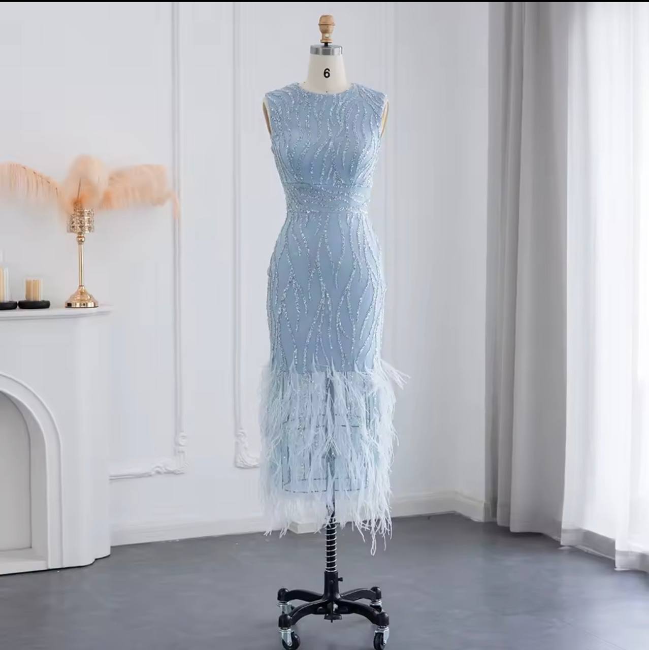 Ice Blue Crystal-Encrusted Midi Gown with Ostrich Feather Hem