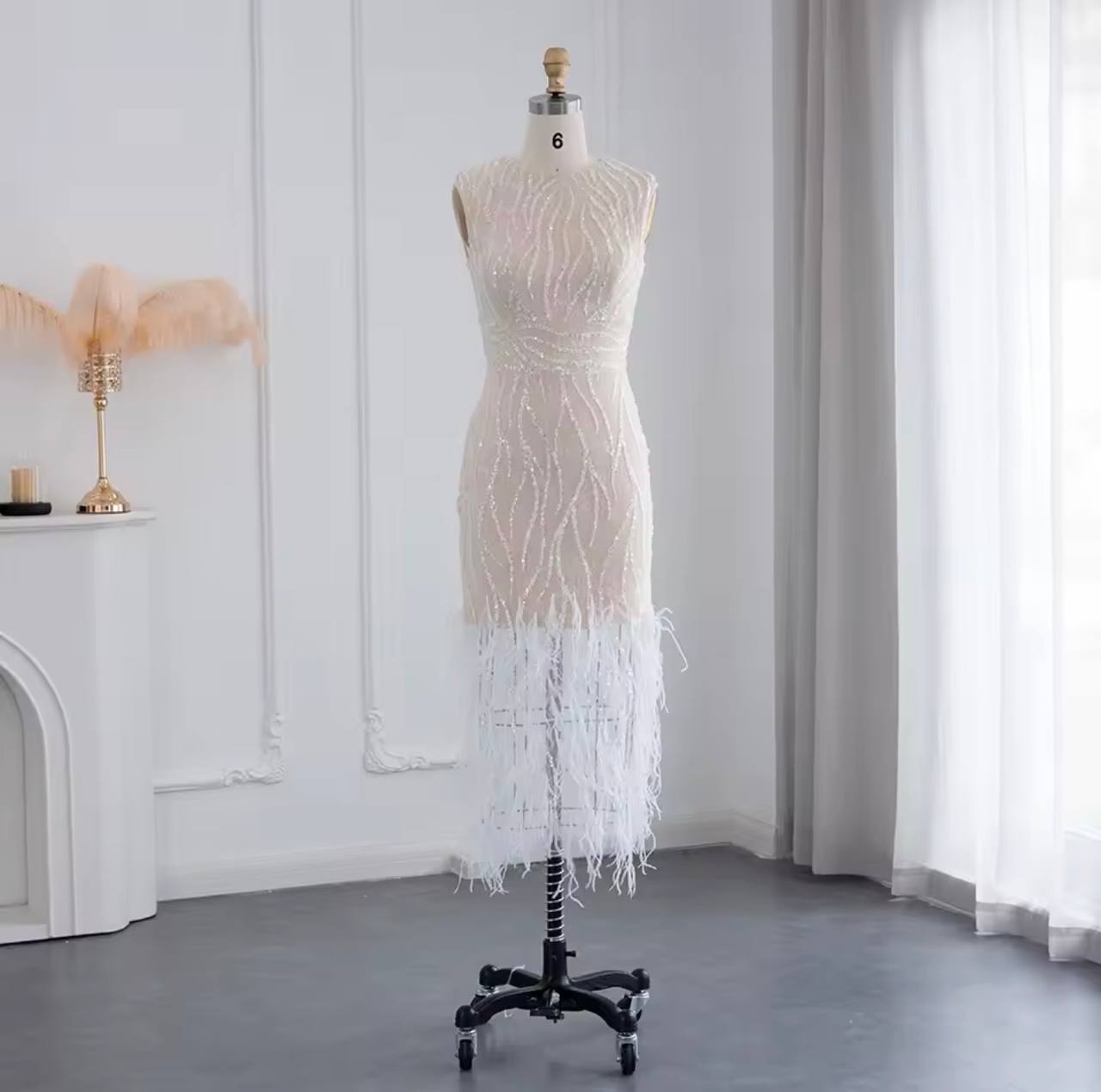 Second image of Ivory Pearl-Encrusted Midi Gown with Ostrich Feather Fringe Hem