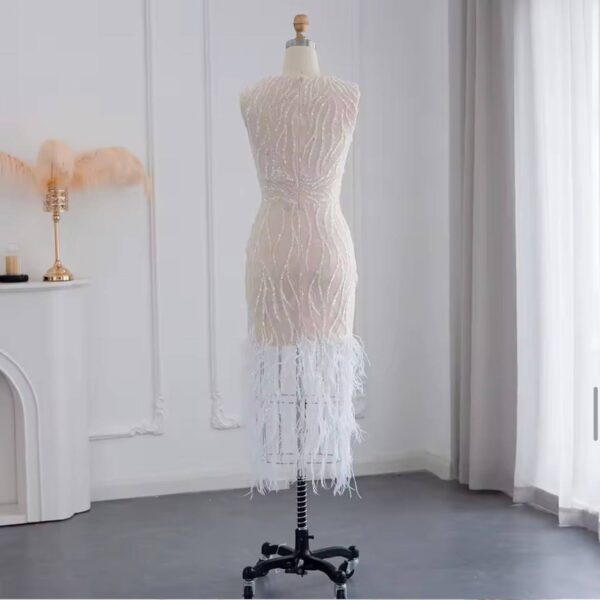 Ivory Pearl-Encrusted Midi Gown with Ostrich Feather Fringe Hem