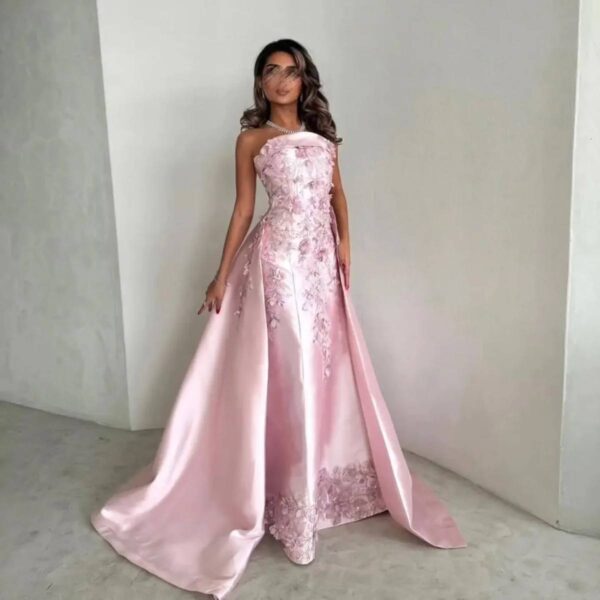 Blush Silk-Satin Strapless Gown with 3D Floral Appliqués and Regal Overskirt