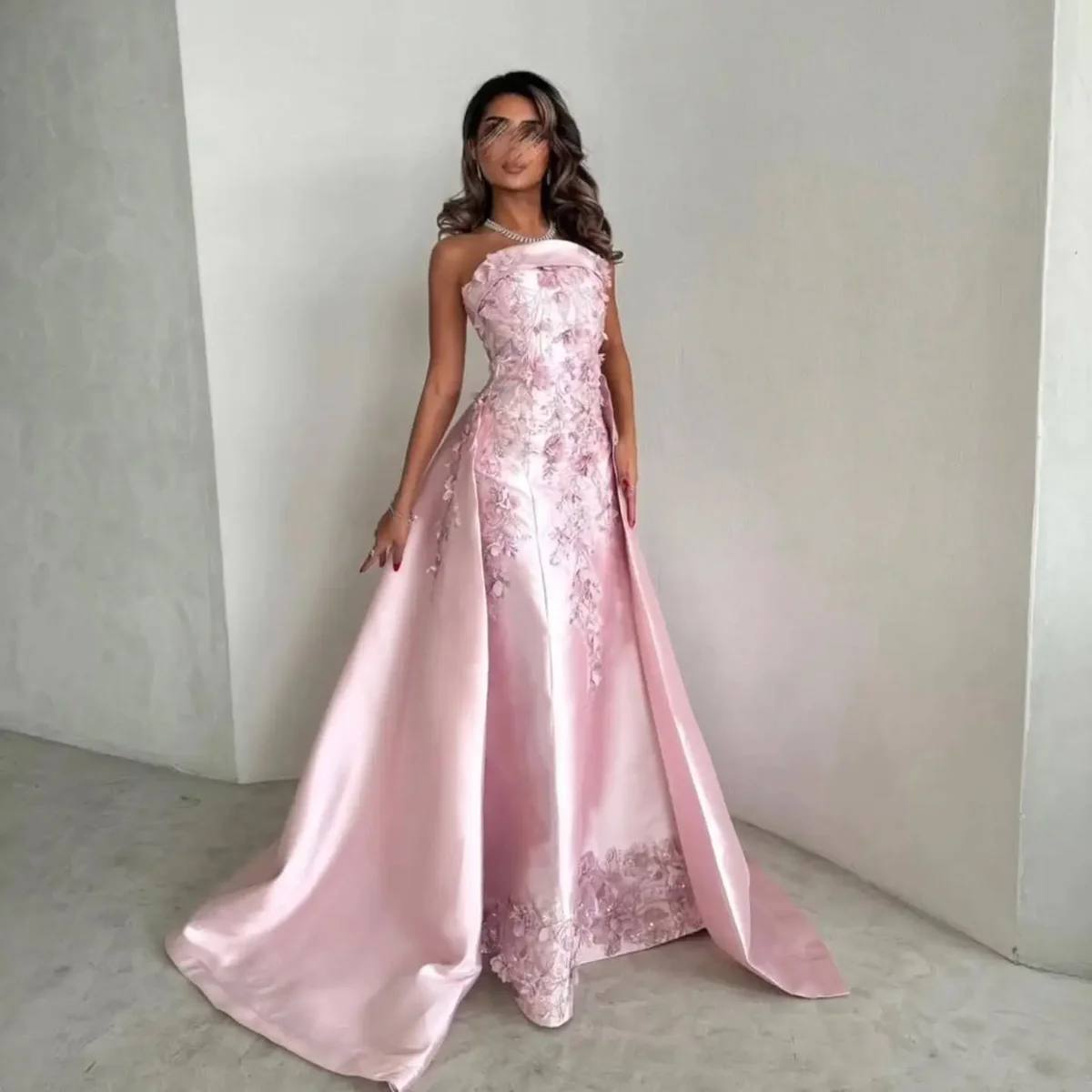 Blush Silk-Satin Strapless Gown with 3D Floral Appliqués and Regal Overskirt