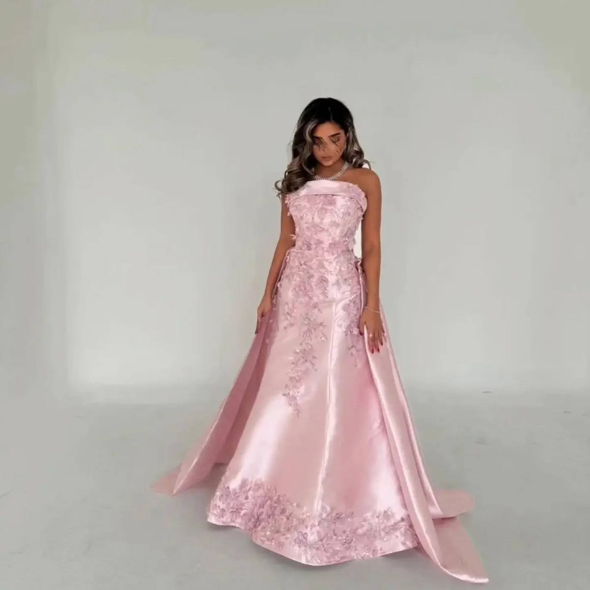 Second image of Blush Silk-Satin Strapless Gown with 3D Floral Appliqués and Regal Overskirt