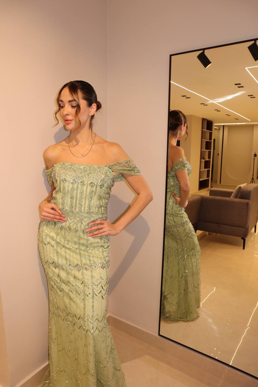 Second image of Mint Sage Off-Shoulder Column Gown with Geometric Crystal Embroidery