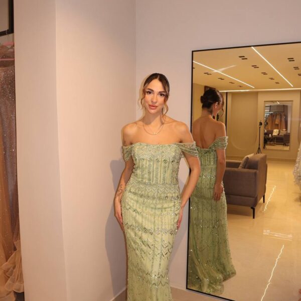 Mint Sage Off-Shoulder Column Gown with Geometric Crystal Embroidery