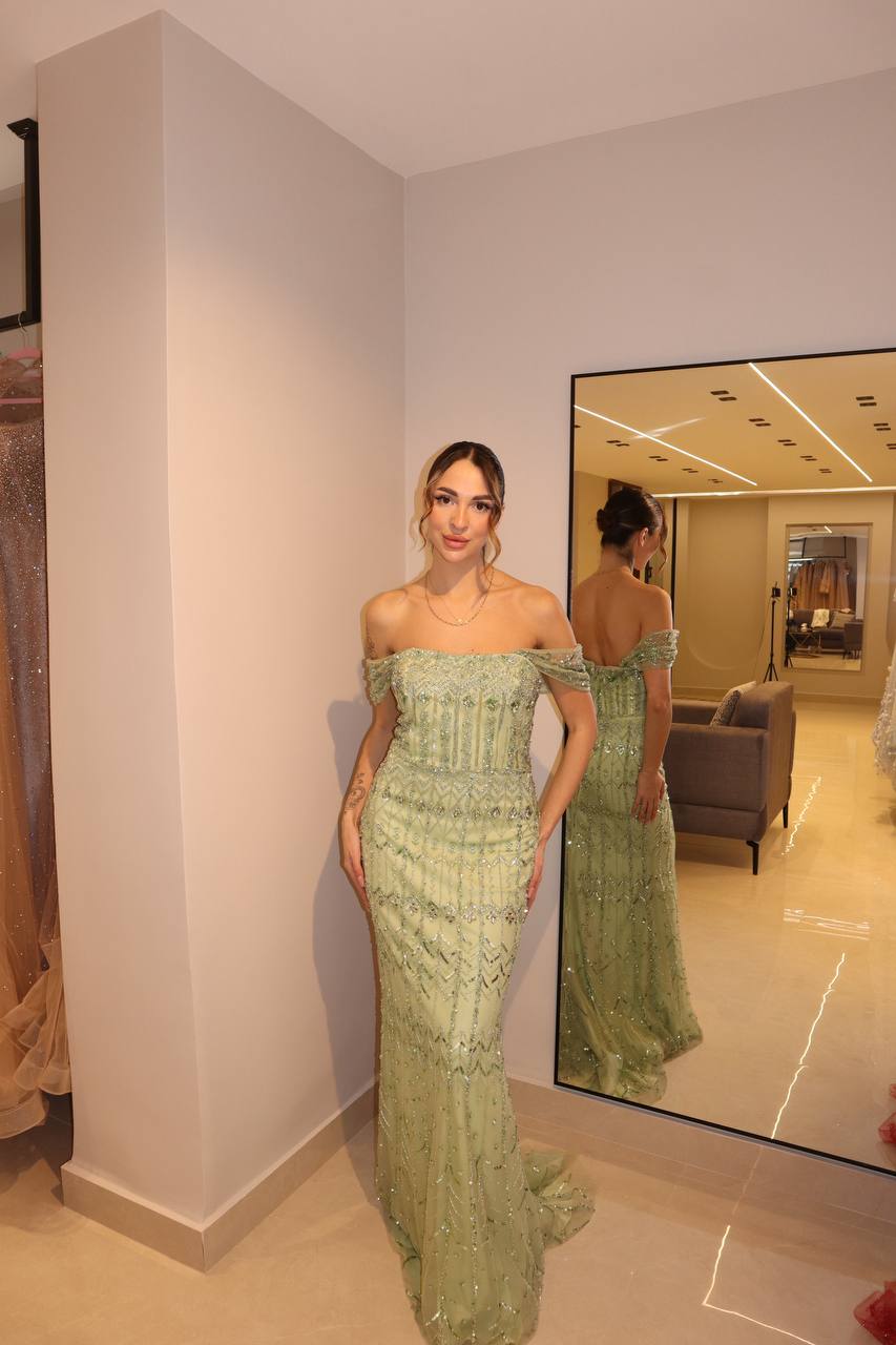 Mint Sage Off-Shoulder Column Gown with Geometric Crystal Embroidery