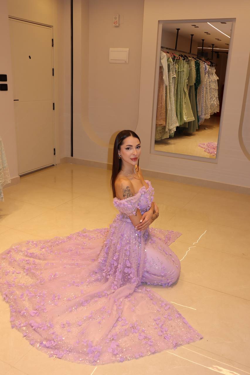 Second image of Lavender Orchid 3D Floral Gown with Corseted Bodice and Sweeping Overskirt