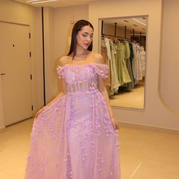 Lavender Orchid 3D Floral Gown with Corseted Bodice and Sweeping Overskirt