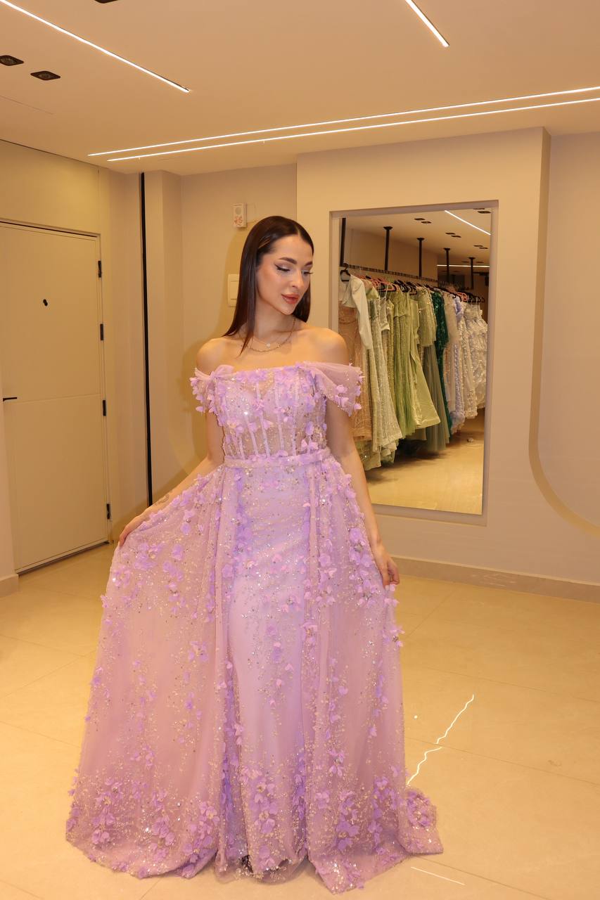 Lavender Orchid 3D Floral Gown with Corseted Bodice and Sweeping Overskirt