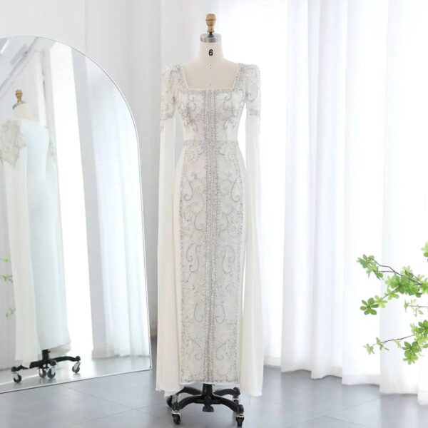 Ivory Celestial Column Gown with Square Neck and Draped Cape Sleeves