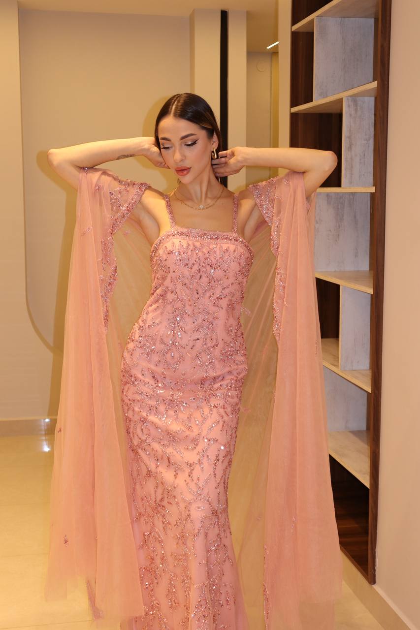 Second image of Blush Rose Crystal-Encrusted Gown with Ethereal Tulle Wrap Cape