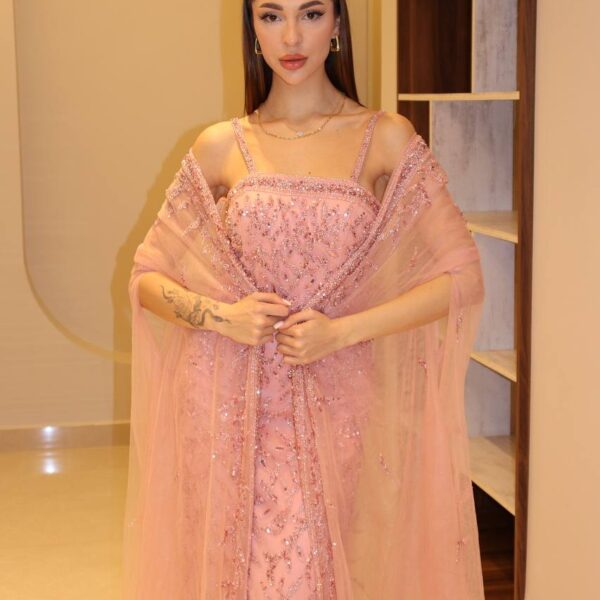 Blush Rose Crystal-Encrusted Gown with Ethereal Tulle Wrap Cape