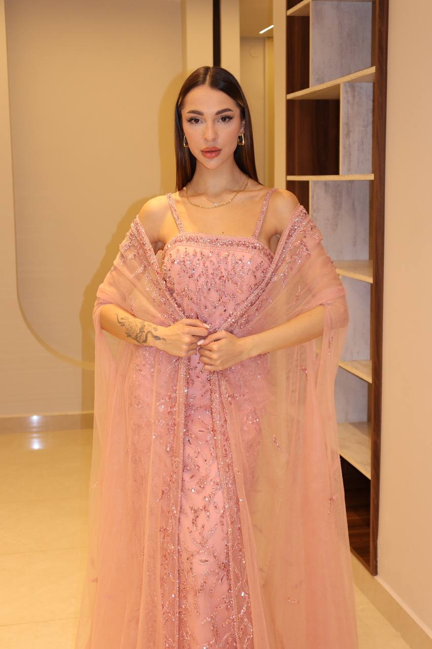 Blush Rose Crystal-Encrusted Gown with Ethereal Tulle Wrap Cape