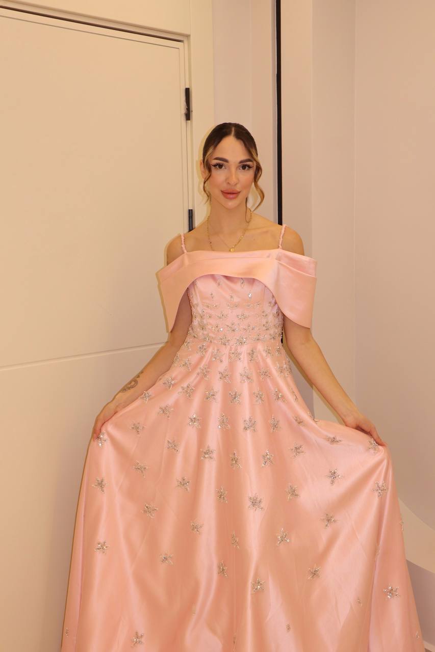 Second image of Rose Pink Satin Off-Shoulder Gown with Starburst Crystal Embellishments