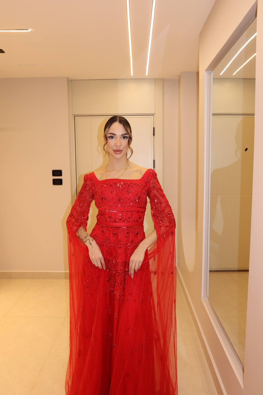 Second image of Scarlet Red Geometric Beaded Gown with Split Cape Sleeves