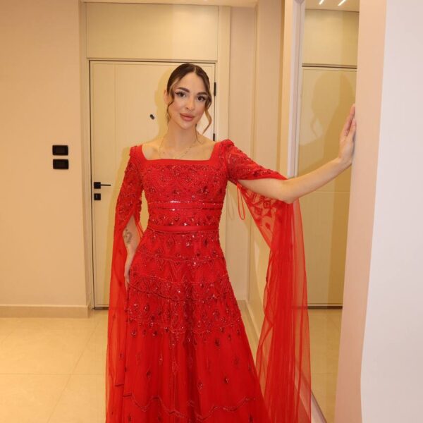 Scarlet Red Geometric Beaded Gown with Split Cape Sleeves