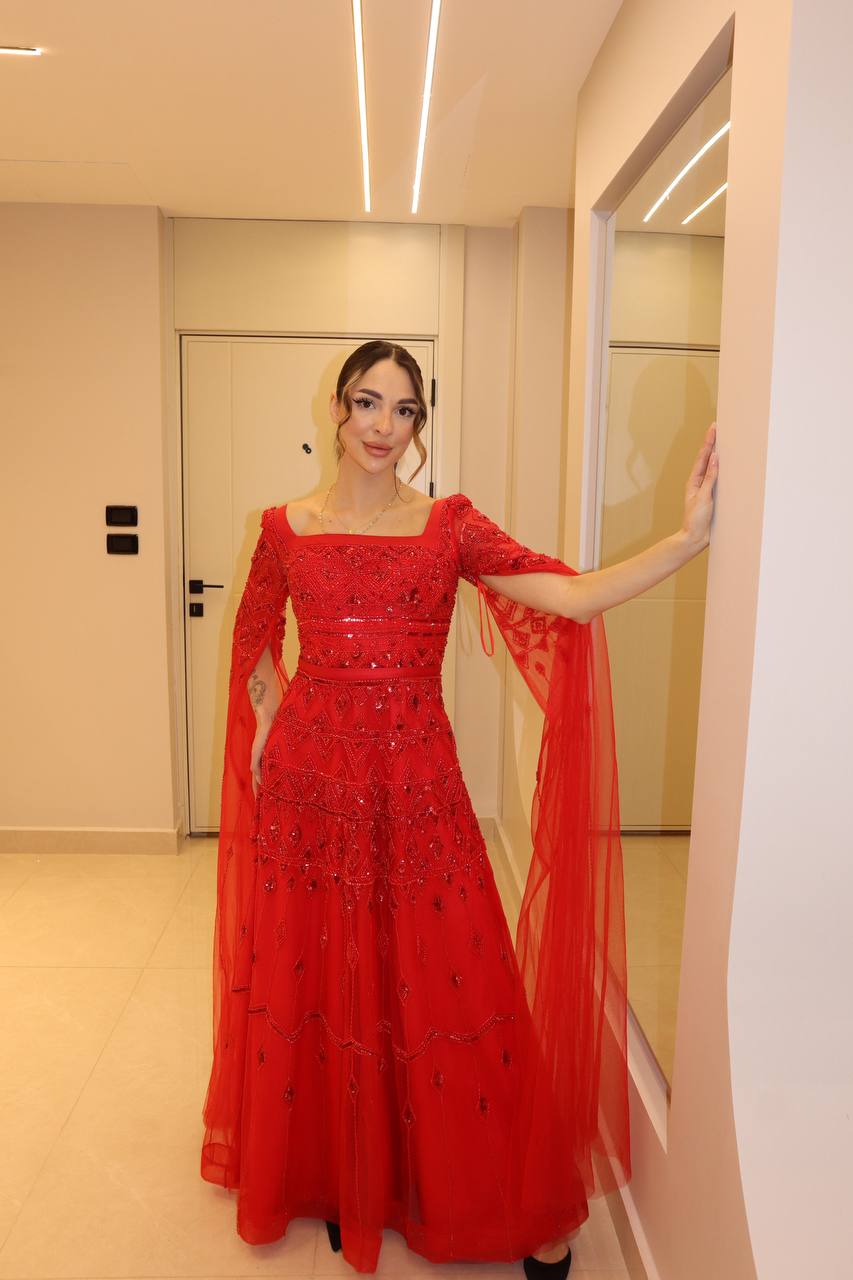 Scarlet Red Geometric Beaded Gown with Split Cape Sleeves