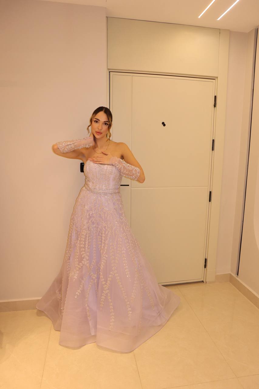 Second image of Lavender Orchid Strapless Gown with Filigree Beading and Matching Opera Sleeves