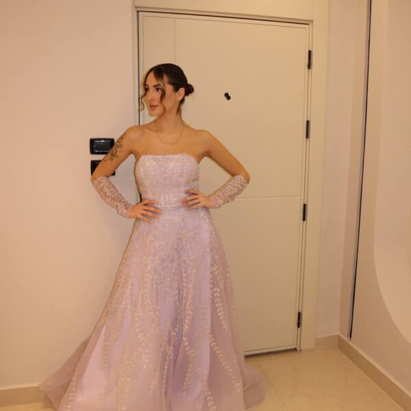 Lavender Orchid Strapless Gown with Filigree Beading and Matching Opera Sleeves