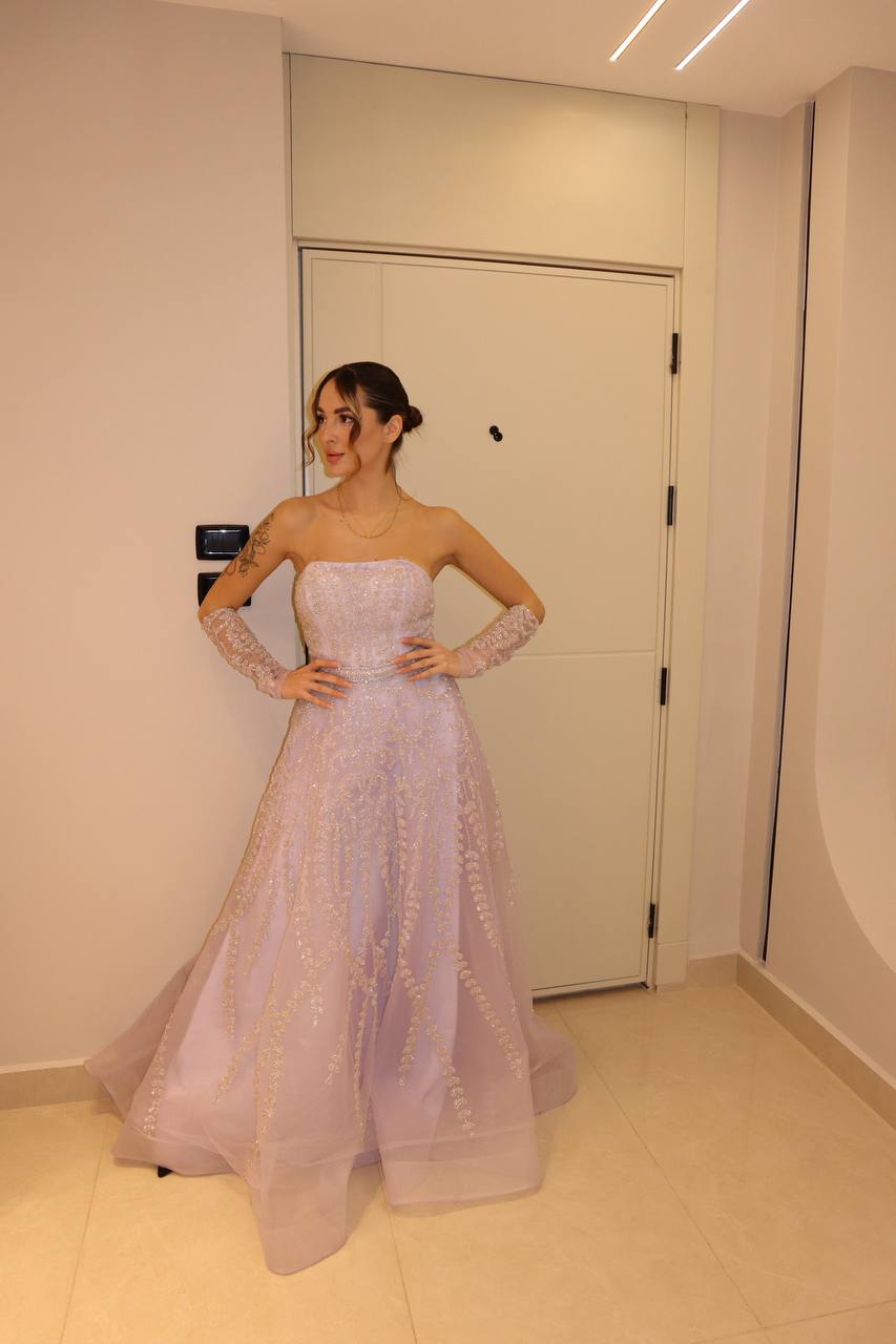 Lavender Orchid Strapless Gown with Filigree Beading and Matching Opera Sleeves