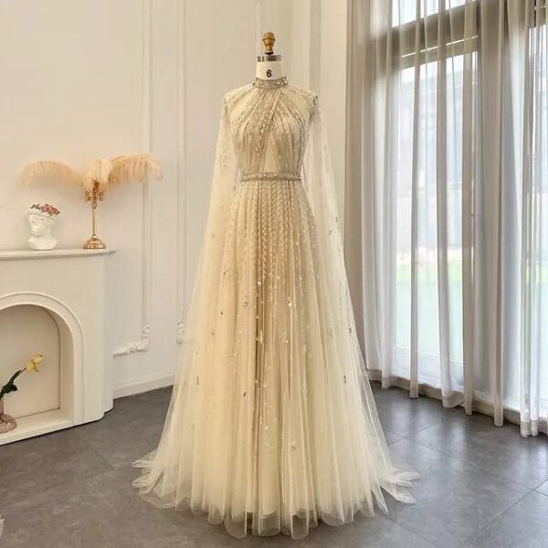 Champagne Celestial A-Line Gown with High Neck and Integrated Cape