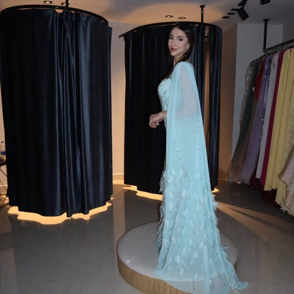Aqua Sky Crystal & Feather Column Gown with Integrated Cape
