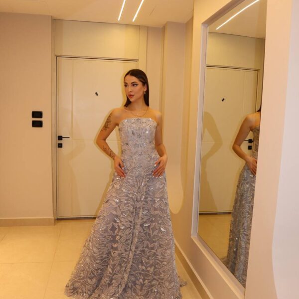 Lavender Orchid Strapless Gown with Filigree Floral Embroidery and Crystal Accents