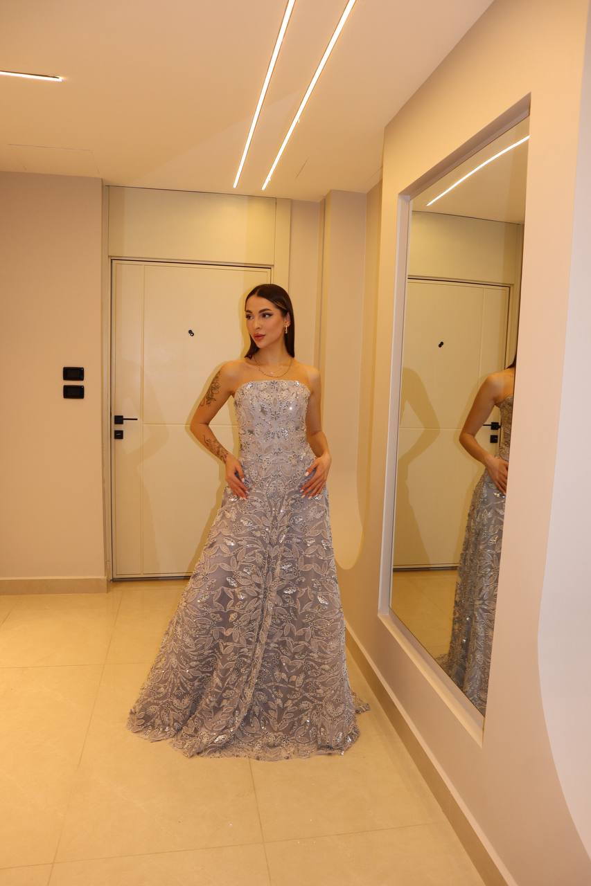 Lavender Orchid Strapless Gown with Filigree Floral Embroidery and Crystal Accents