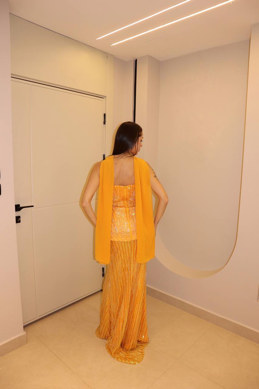 Second image of Marigold Sunset Sequin Gown with Basqued Peplum Bodice and Silk Scarf
