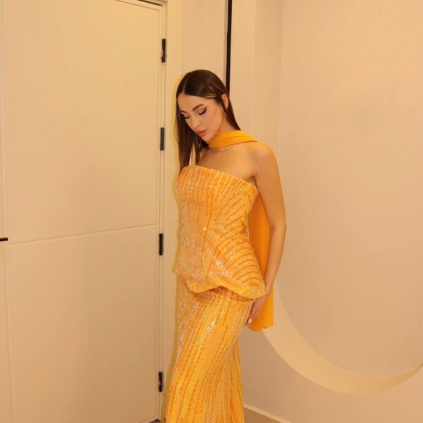 Marigold Sunset Sequin Gown with Basqued Peplum Bodice and Silk Scarf