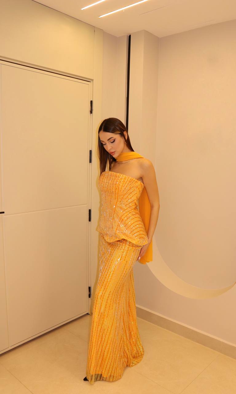 Marigold Sunset Sequin Gown with Basqued Peplum Bodice and Silk Scarf