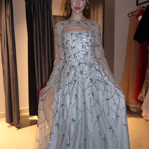 Ice Blue Celestial Gown with Silver Filigree Beadwork and Keyhole Neckline