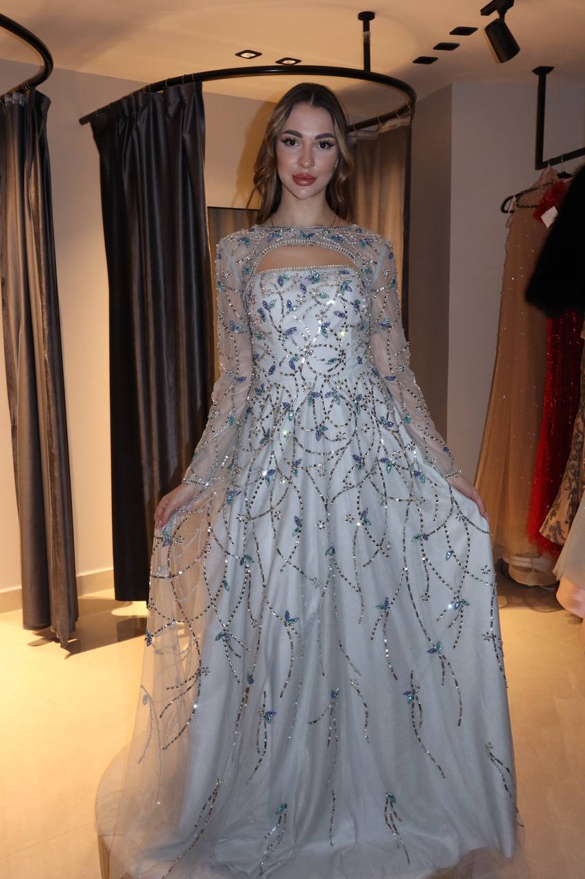 Ice Blue Celestial Gown with Silver Filigree Beadwork and Keyhole Neckline