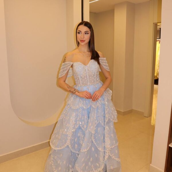 Ice Blue Off Shoulder Tiered Gown with Crystal Scalloped Skirt