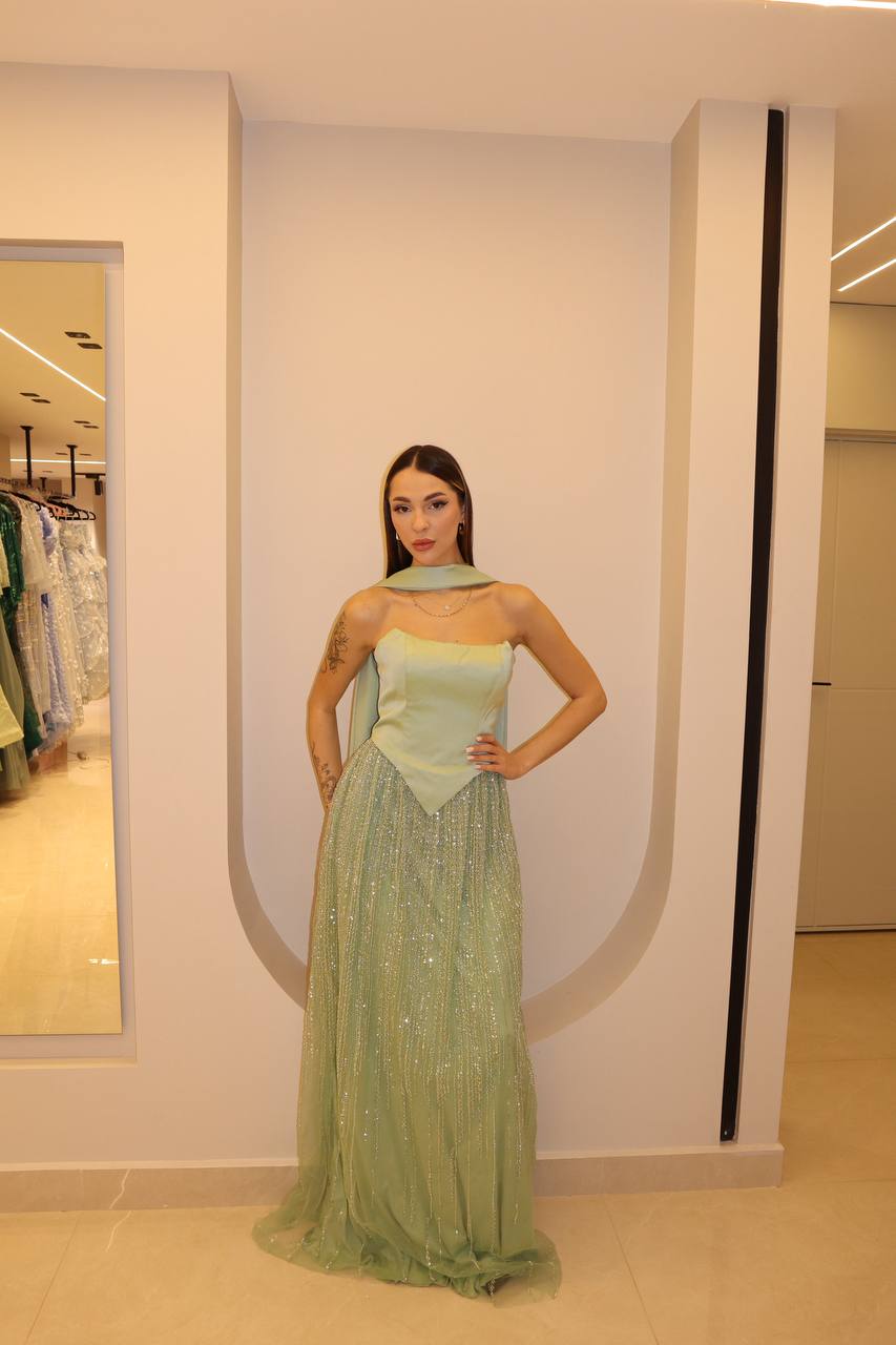 Sage Glaze Architectural Corset Gown with Shimmering Pleated Tulle Skirt