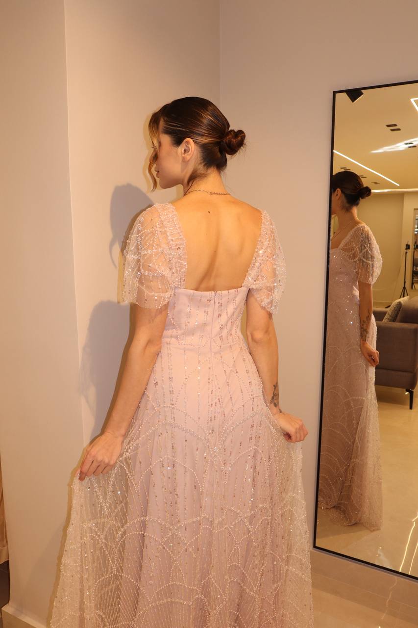 Second image of Blush Quartz Architectural Gown with Dropped Beaded Sleeves and Filigree Skirt