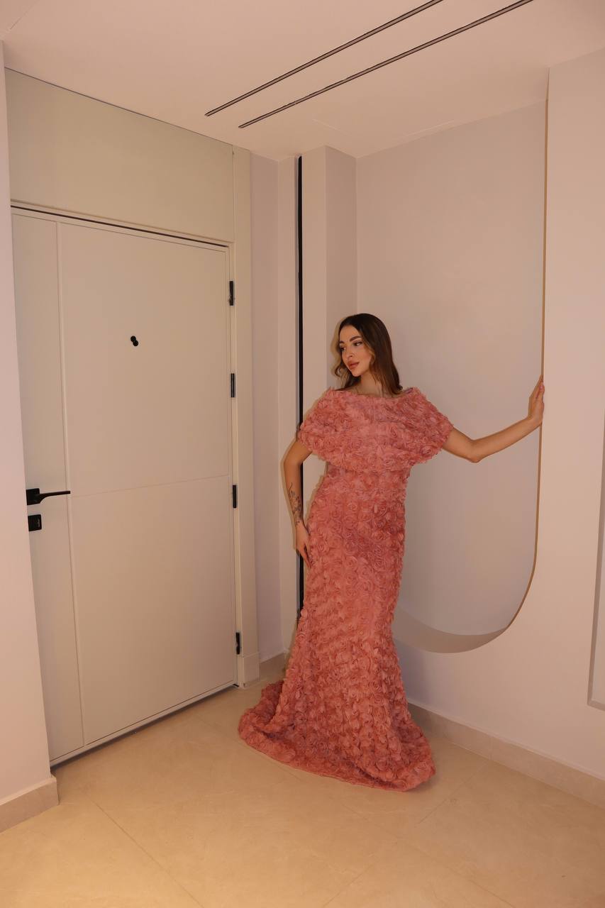 Second image of Dusty Rose 3D Floral Rosette Gown with Sculptural Off-Shoulder Overlay