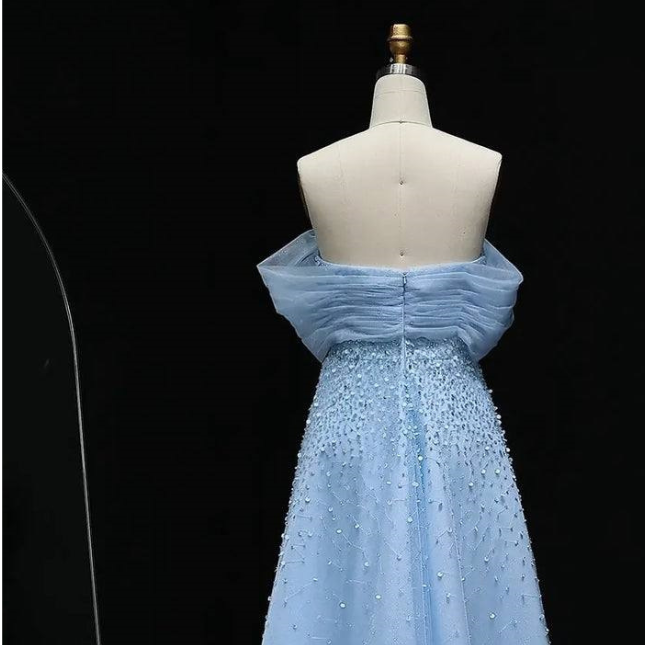 Second image of Serene Powder Blue Pearl-Encrusted Off-Shoulder A-Line Gown