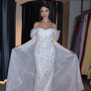 Celestial Ivory Embellished Off-Shoulder Gown with Detachable Drama Cape