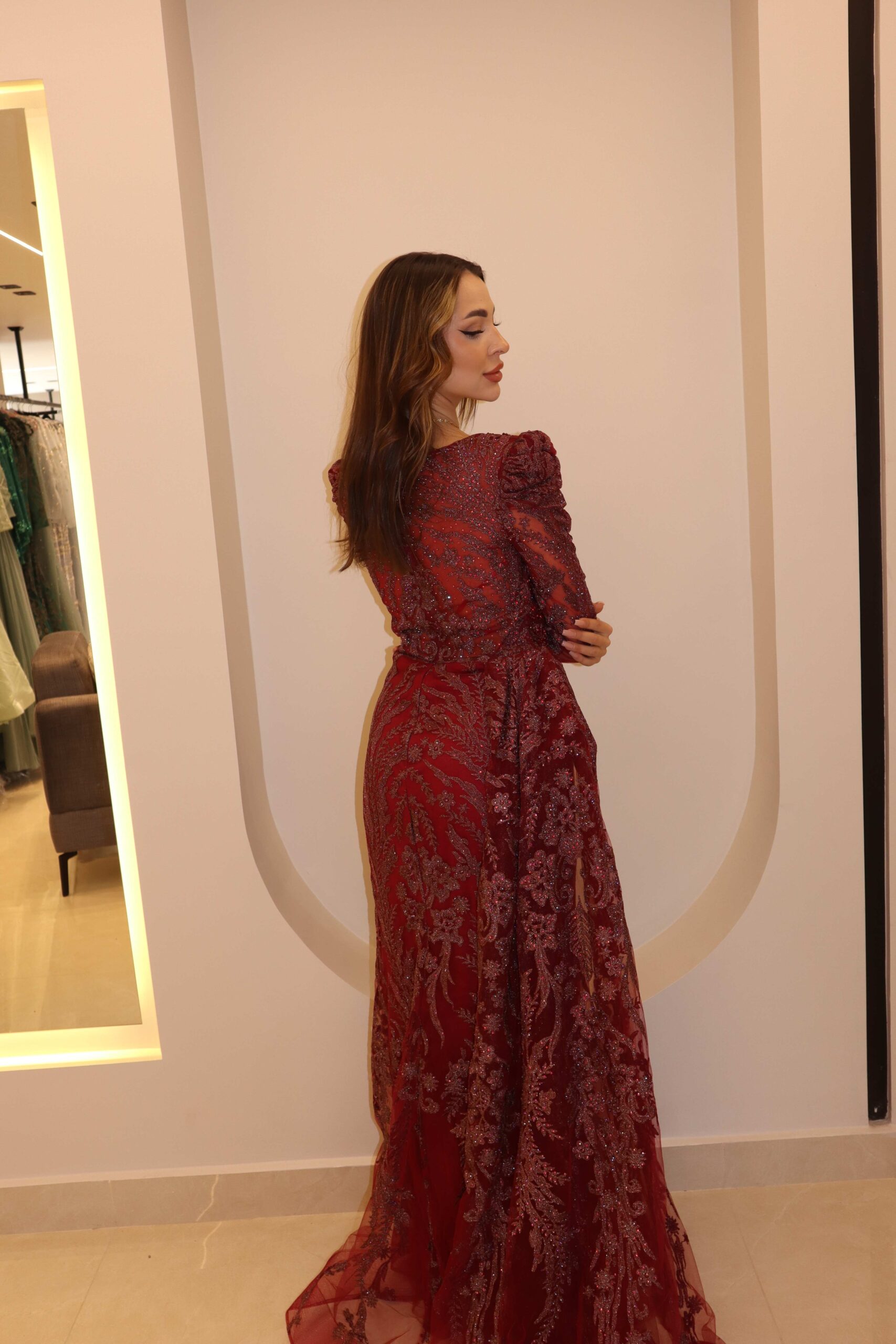 Second image of Burgundy Embroidered Tulle Evening Gown with Full Sleeves