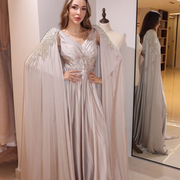 Champagne Satin Evening Gown with Beaded Cape Sleeves