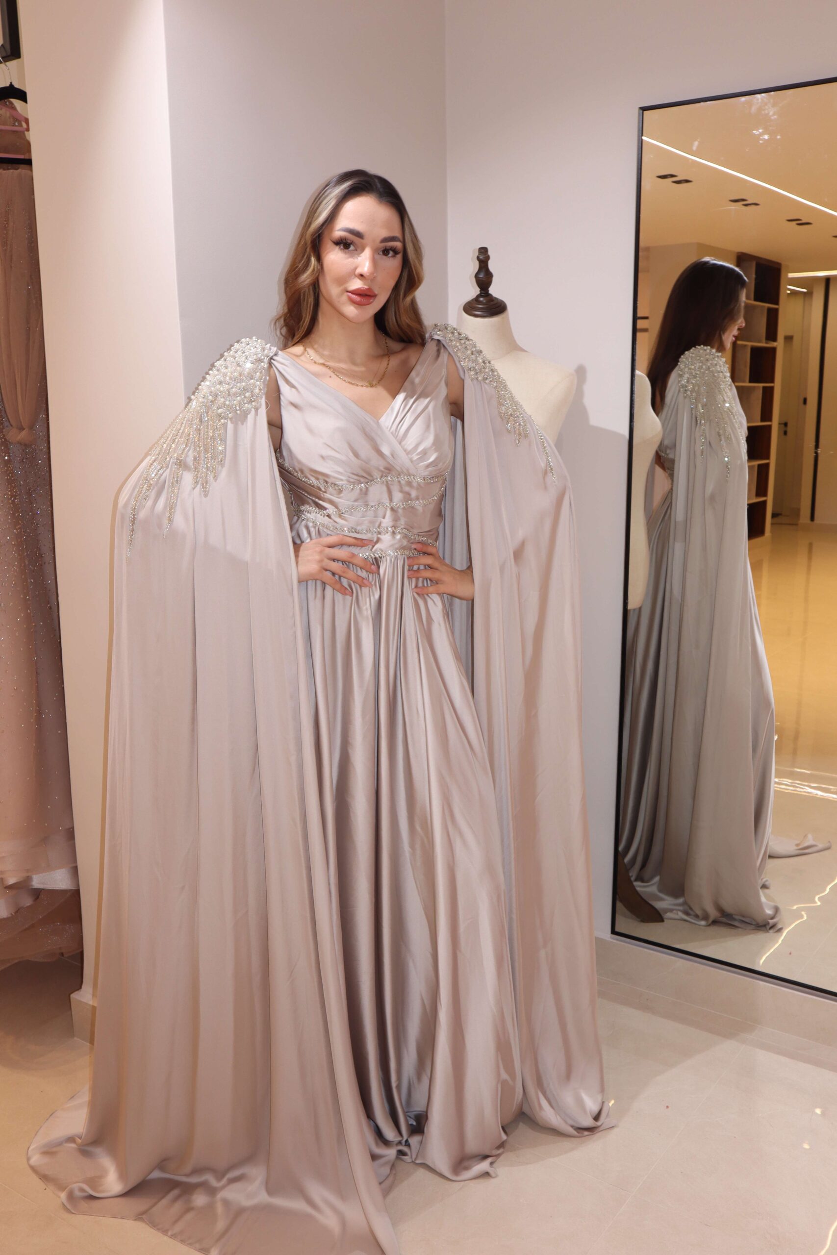 Champagne Satin Evening Gown with Beaded Cape Sleeves