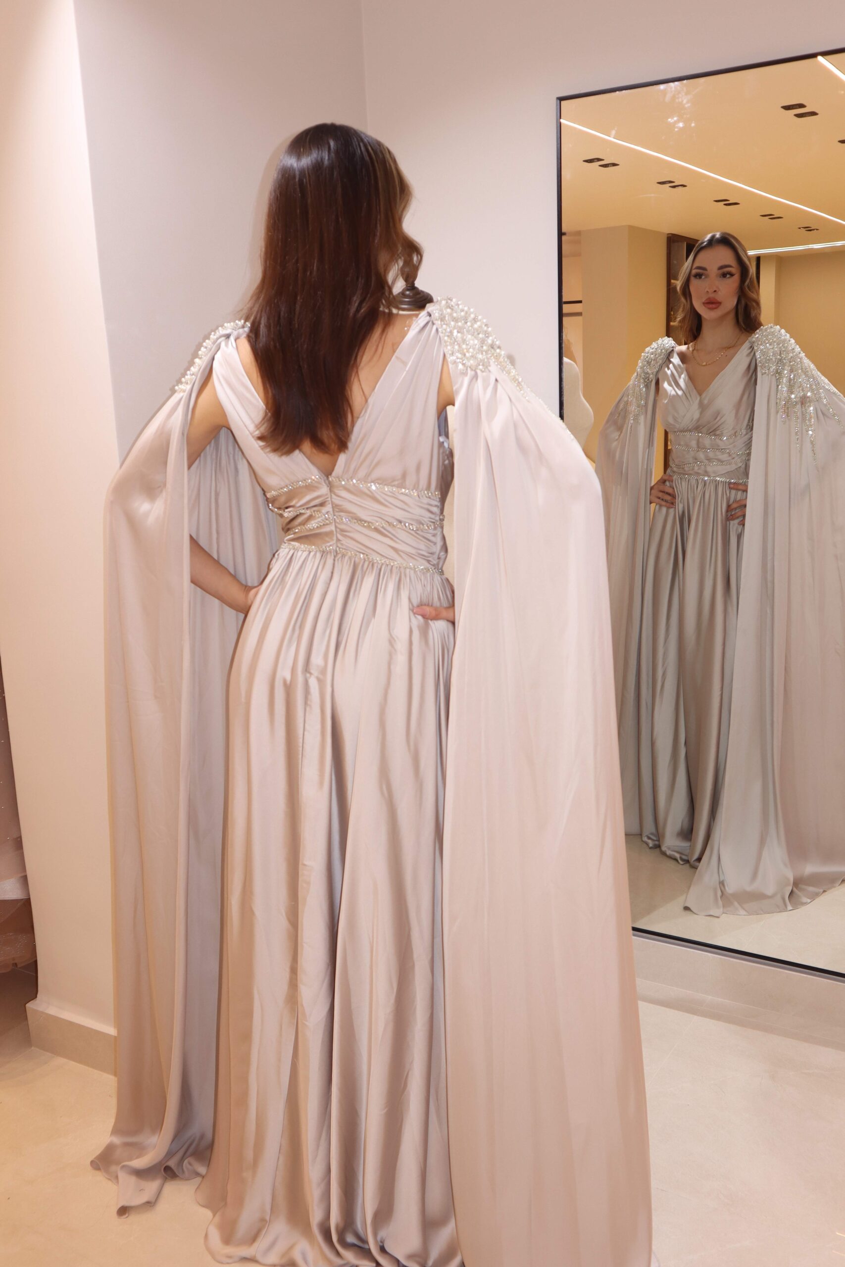 Second image of Champagne Satin Evening Gown with Beaded Cape Sleeves