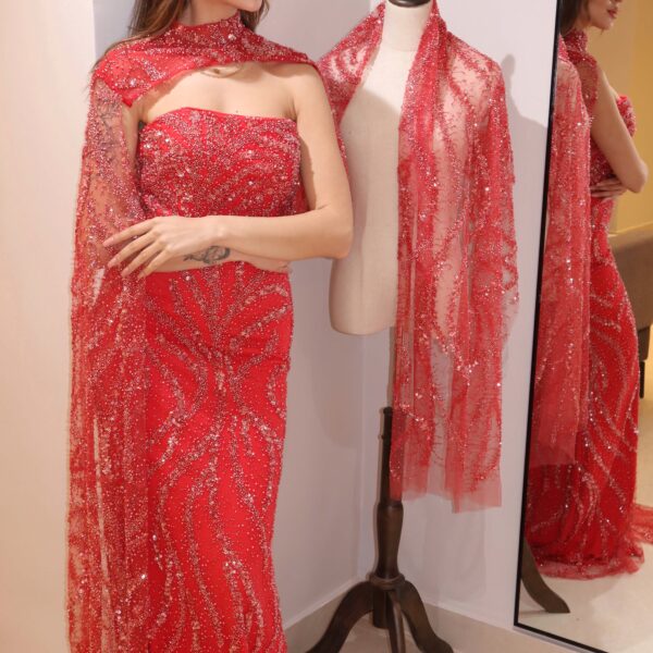 Scarlet Sequin Evening Gown with Matching High-Neck Cape
